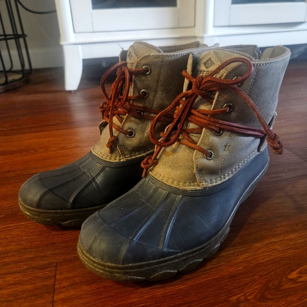 Sperry Top Sider Womens 7 Duck Boots Fleece Lined Gray Leather Navy Rubber